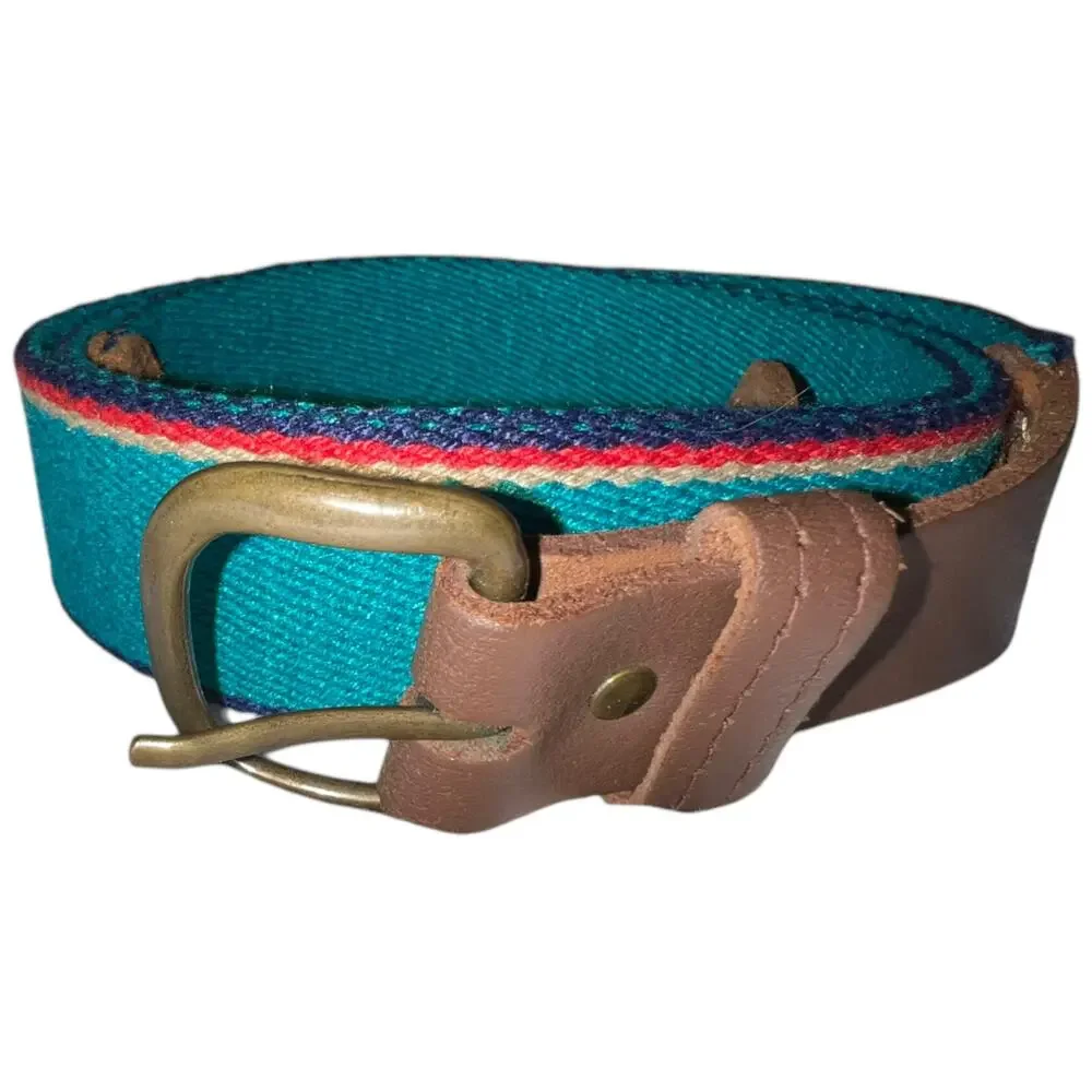 unbranded Vintage Blue Striped Belt with Leather Accents 37-40 Inch Waist